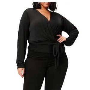 Good American Shimmer Wrap Top in Black Large Long Sleeve Blouse